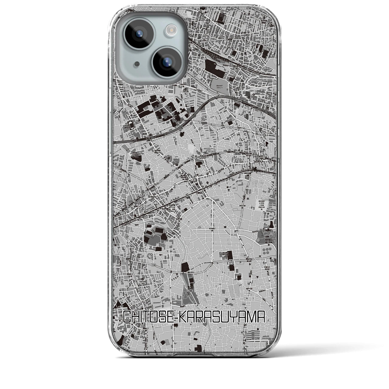 【千歳烏山】地図柄iPhoneケース（クリアタイプ・モノトーン）iPhone 15 Plus 用