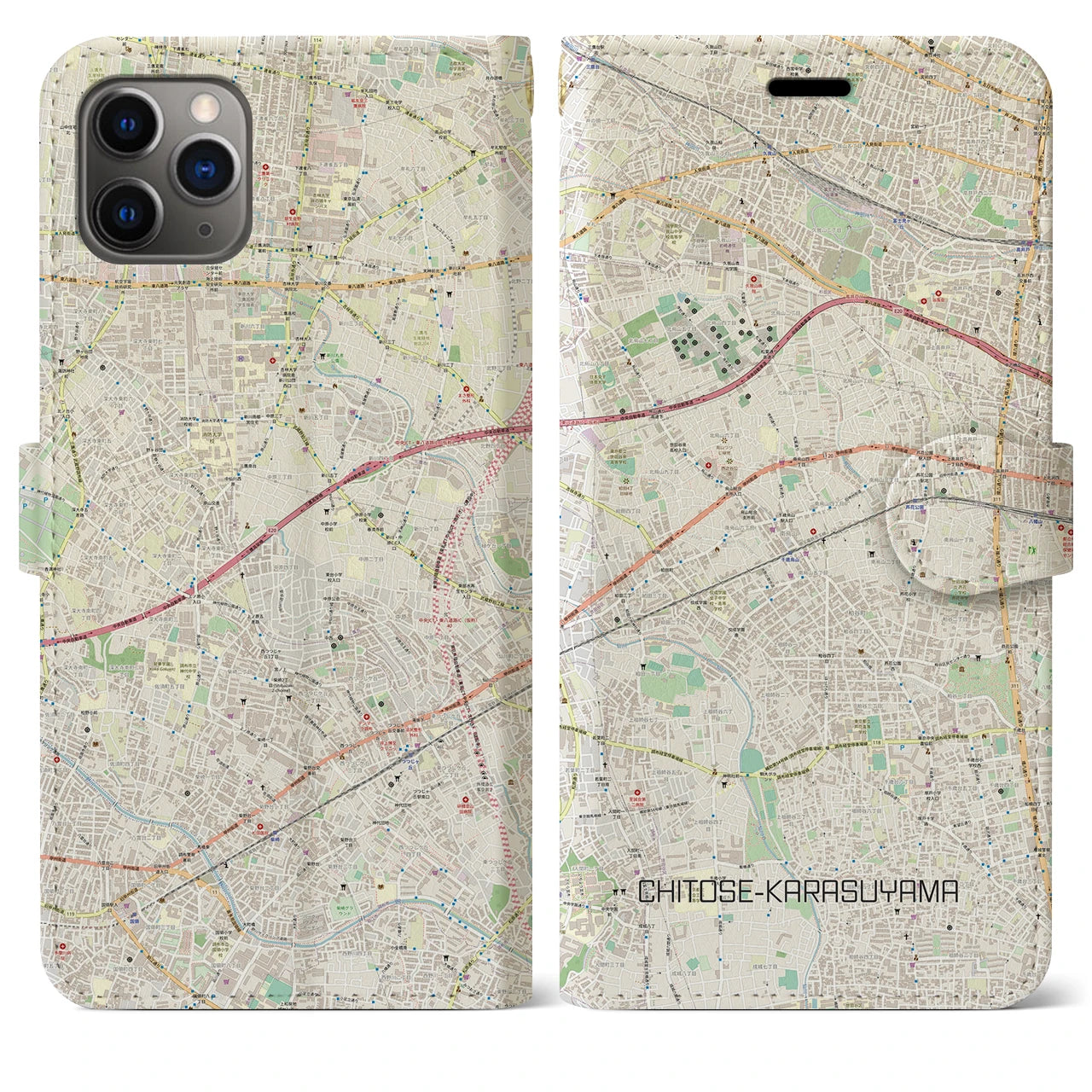 【千歳烏山】地図柄iPhoneケース（手帳両面タイプ・ナチュラル）iPhone 11 Pro Max 用