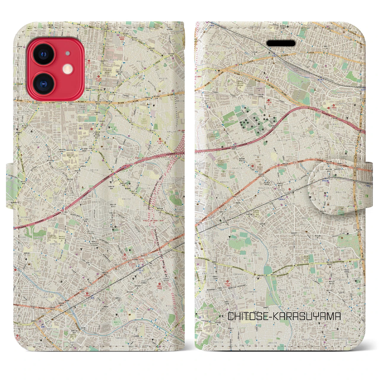 【千歳烏山】地図柄iPhoneケース（手帳両面タイプ・ナチュラル）iPhone 11 用