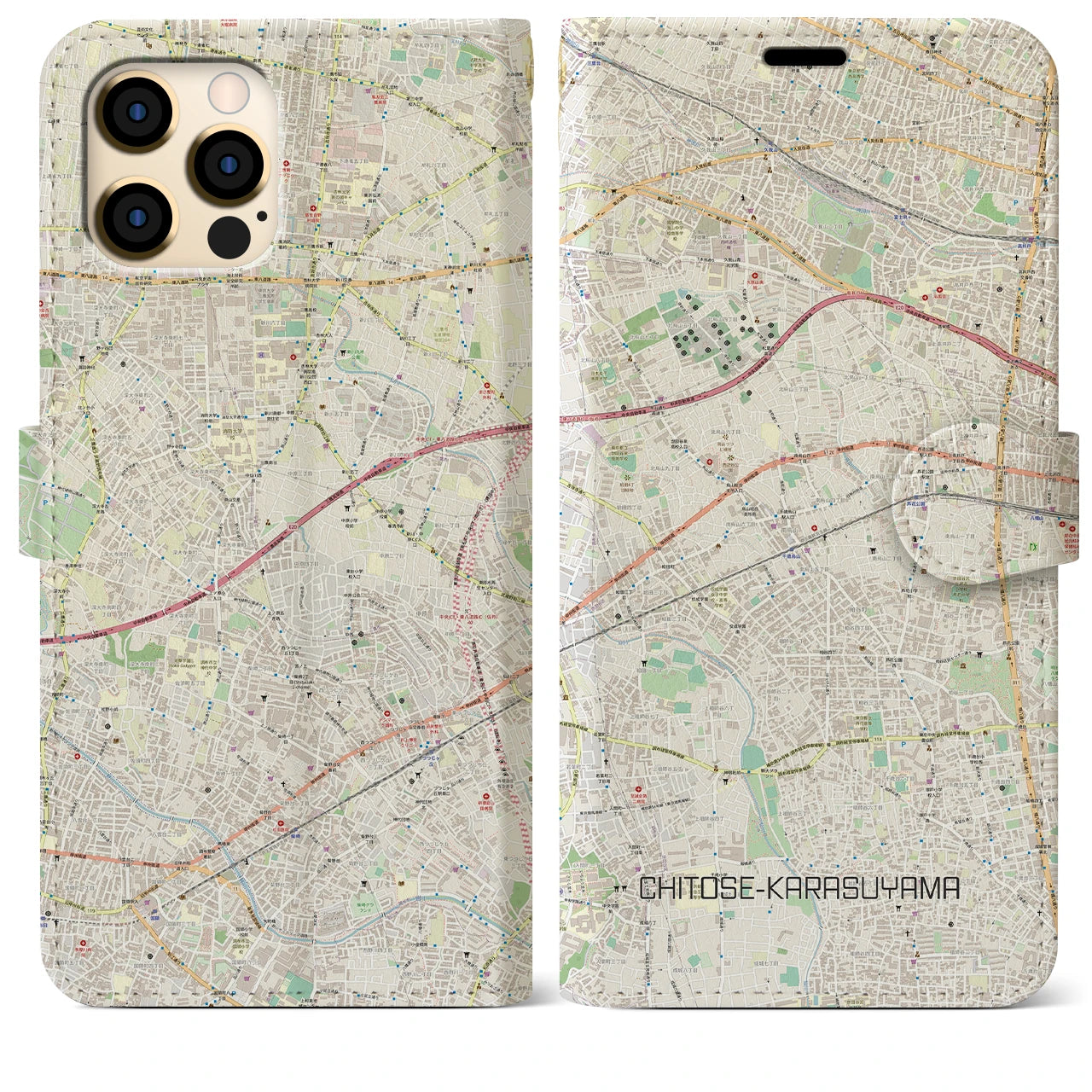 【千歳烏山】地図柄iPhoneケース（手帳両面タイプ・ナチュラル）iPhone 12 Pro Max 用