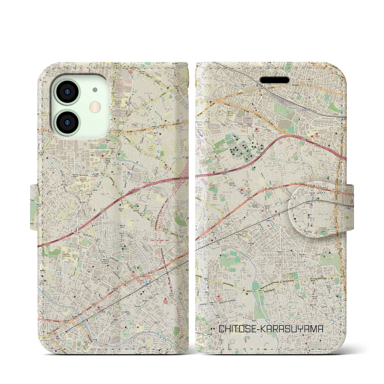 【千歳烏山】地図柄iPhoneケース（手帳両面タイプ・ナチュラル）iPhone 12 mini 用