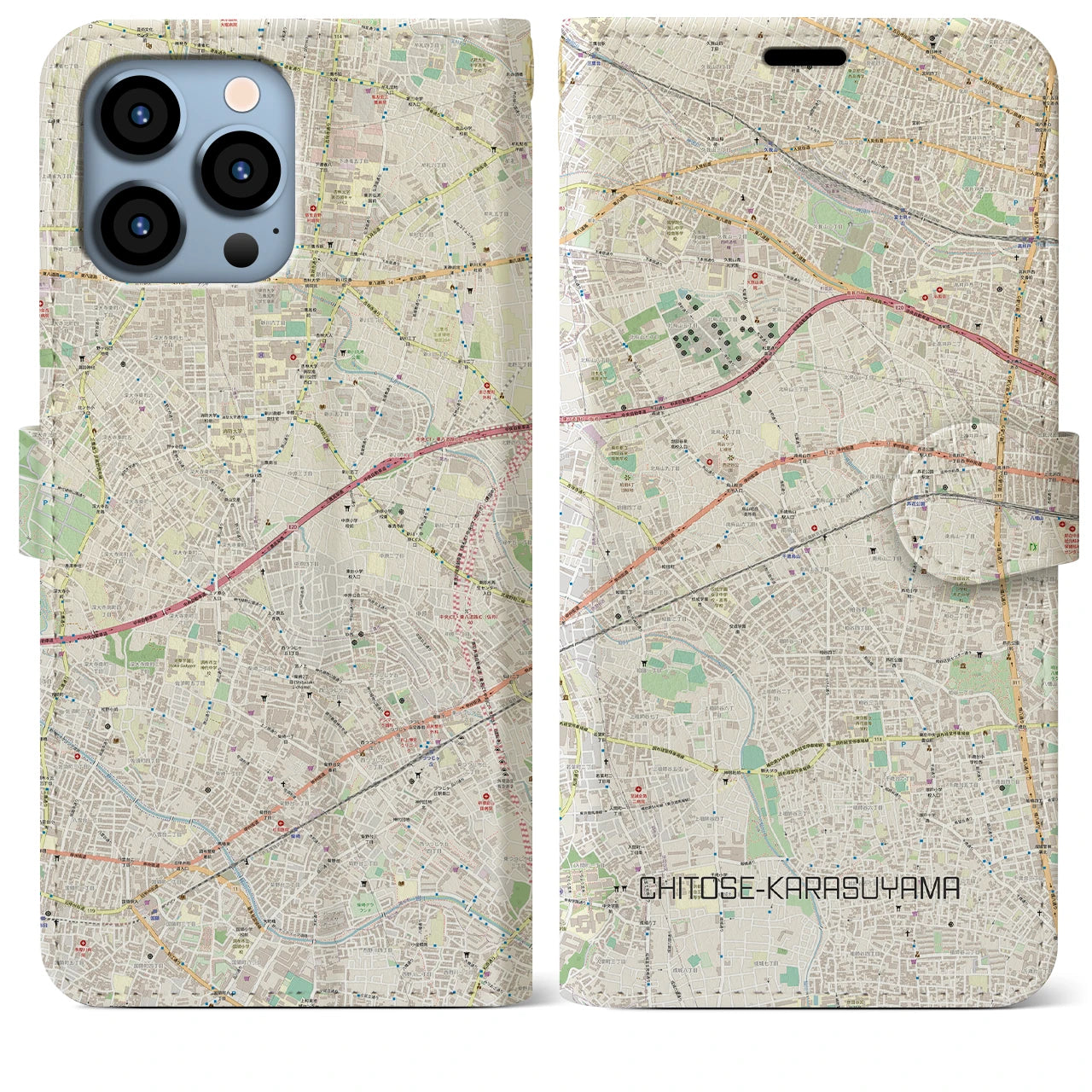 【千歳烏山】地図柄iPhoneケース（手帳両面タイプ・ナチュラル）iPhone 13 Pro Max 用