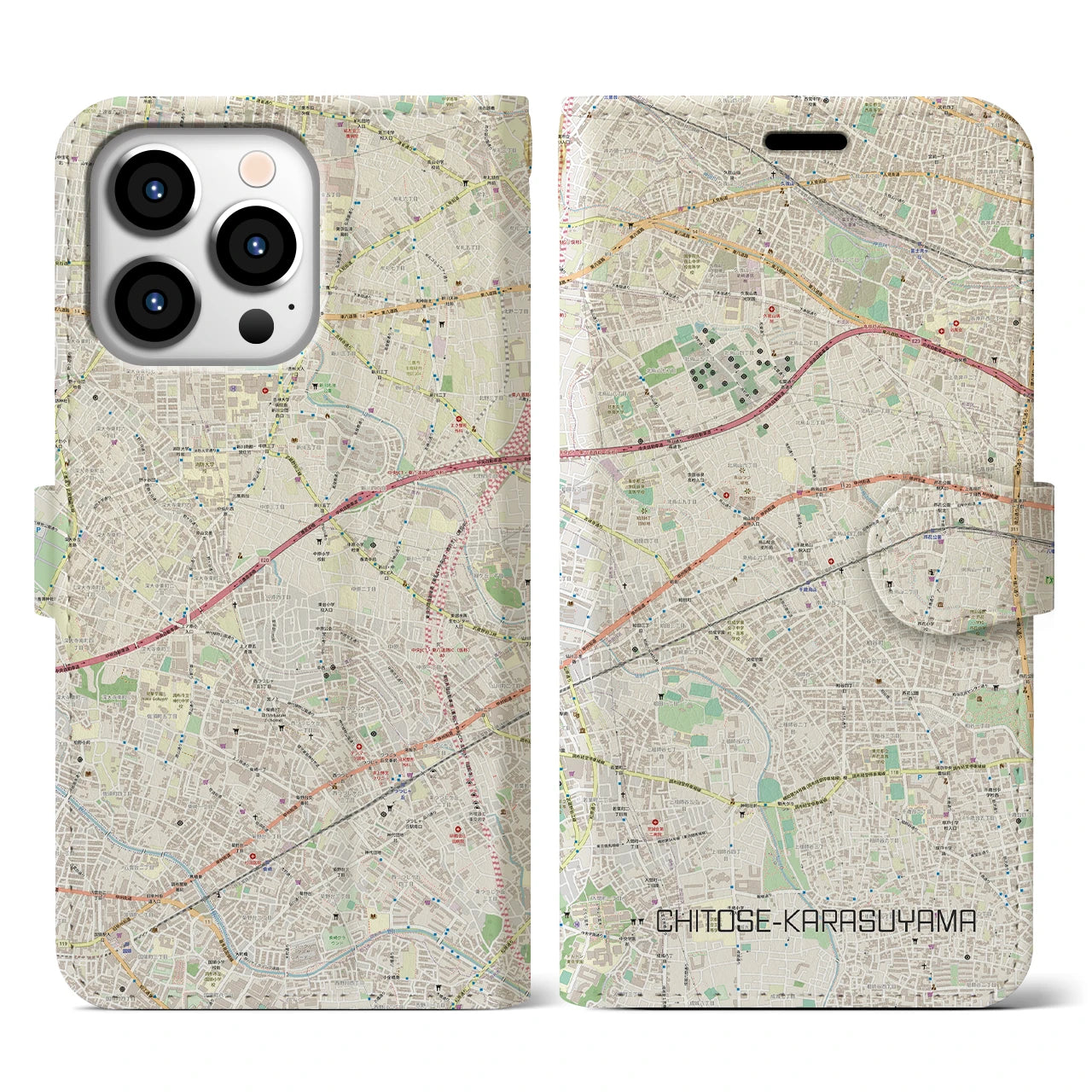 【千歳烏山】地図柄iPhoneケース（手帳両面タイプ・ナチュラル）iPhone 13 Pro 用