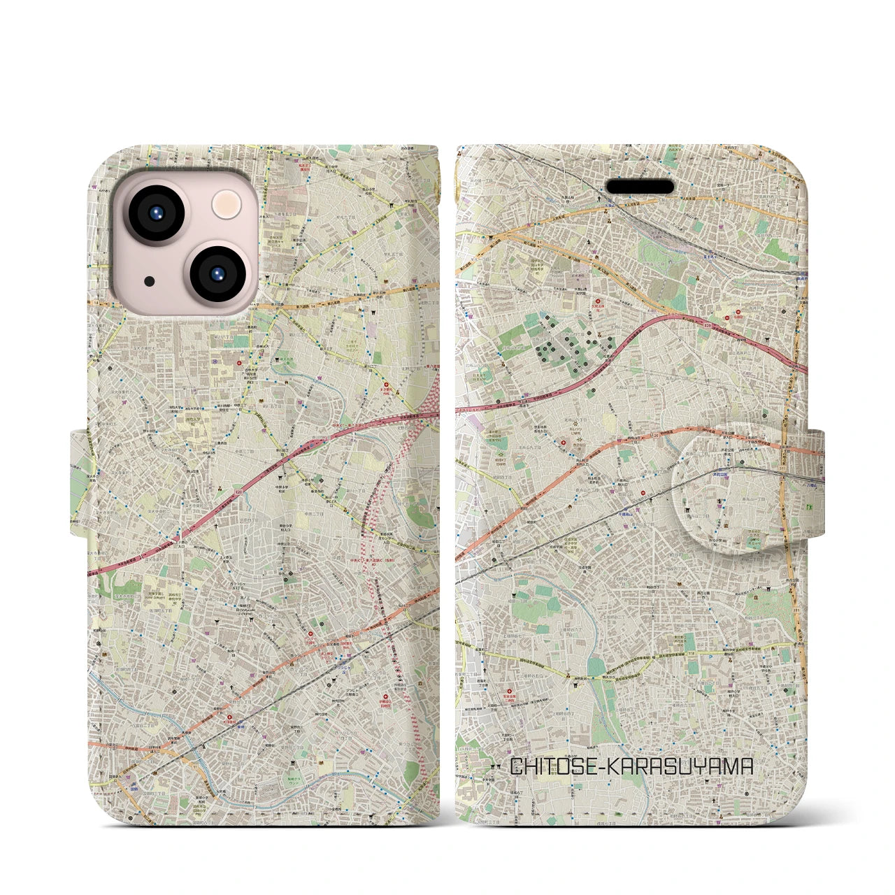 【千歳烏山】地図柄iPhoneケース（手帳両面タイプ・ナチュラル）iPhone 13 mini 用