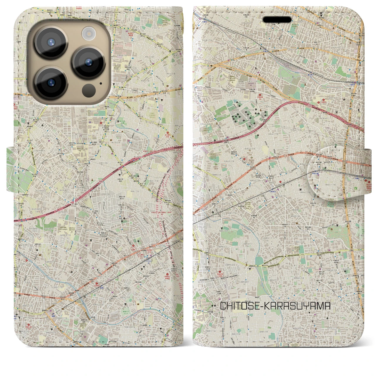 【千歳烏山】地図柄iPhoneケース（手帳両面タイプ・ナチュラル）iPhone 14 Pro Max 用