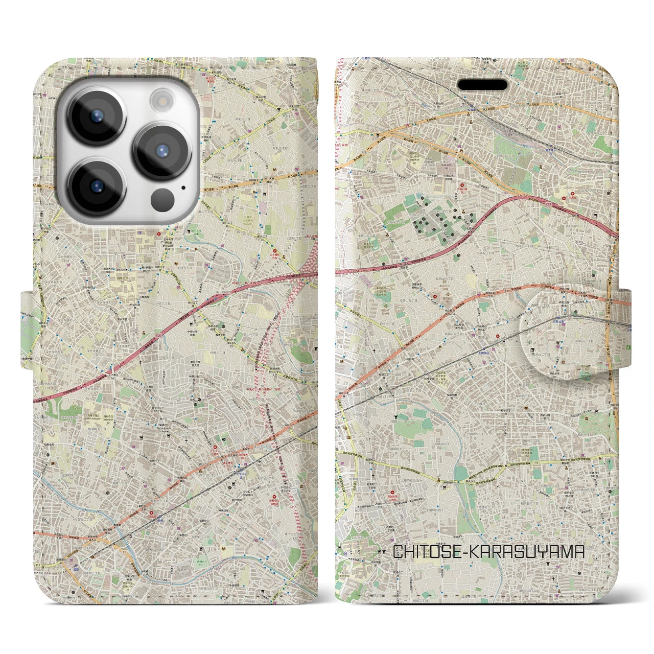 【千歳烏山】地図柄iPhoneケース（手帳両面タイプ・ナチュラル）iPhone 14 Pro 用