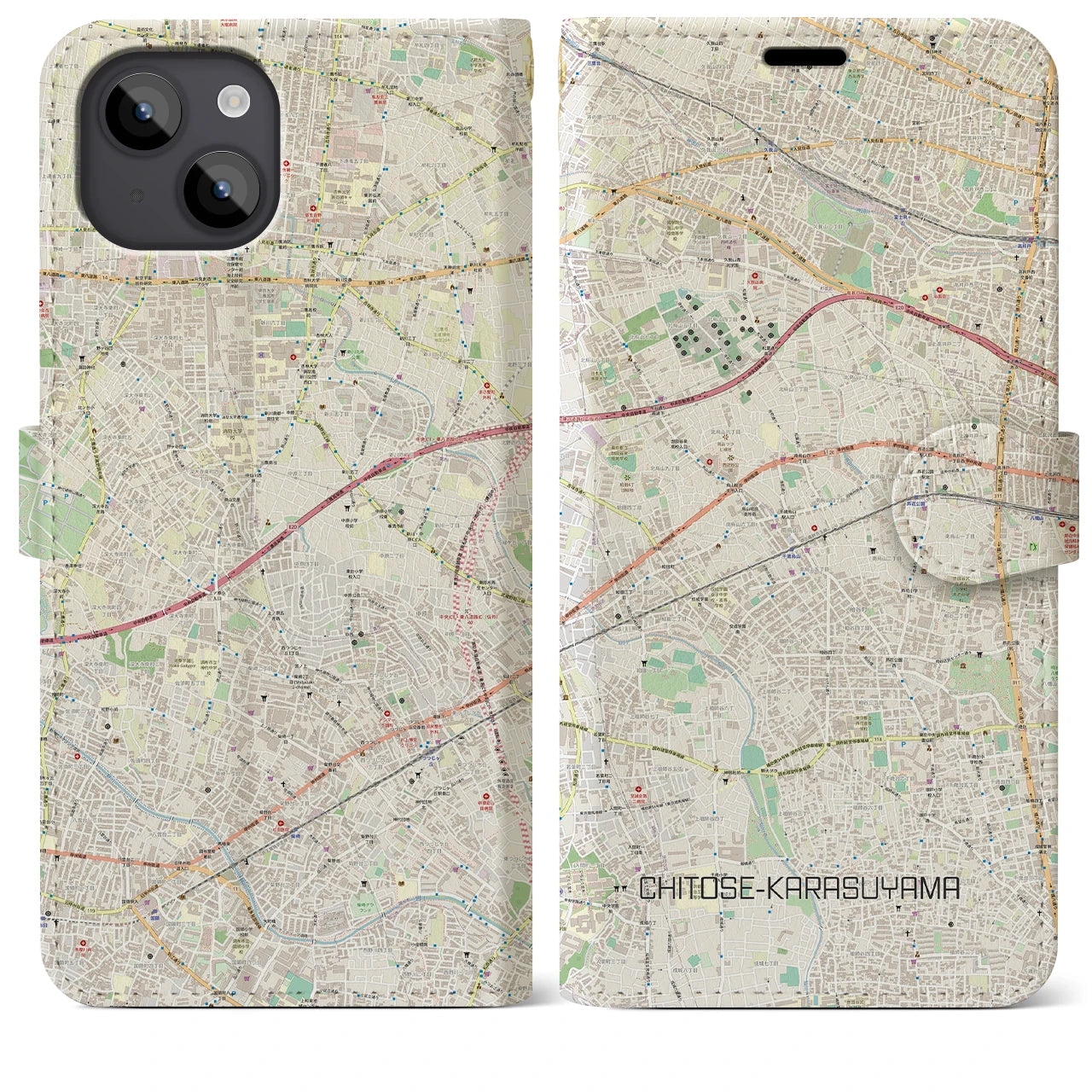 【千歳烏山】地図柄iPhoneケース（手帳両面タイプ・ナチュラル）iPhone 14 Plus 用