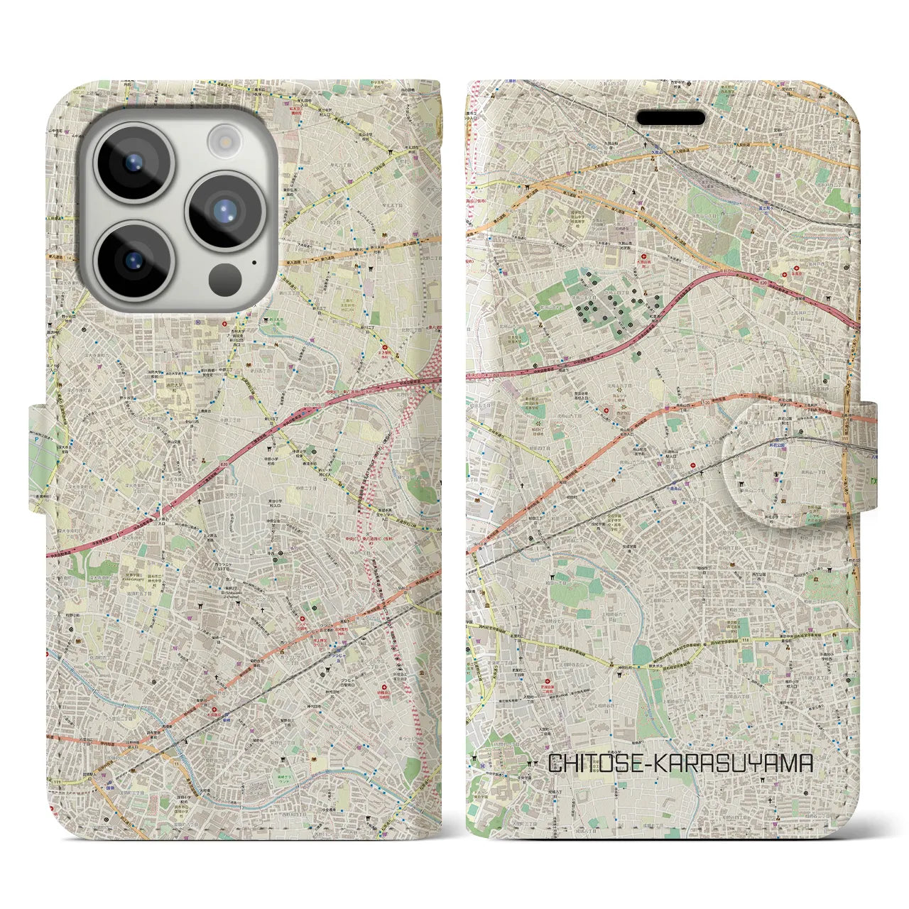【千歳烏山】地図柄iPhoneケース（手帳両面タイプ・ナチュラル）iPhone 15 Pro 用