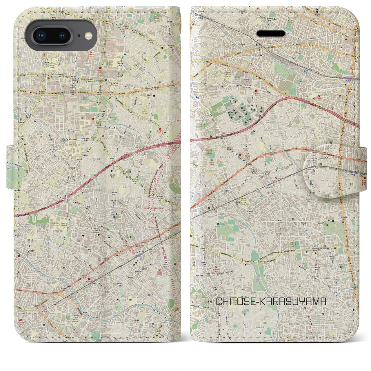 【千歳烏山】地図柄iPhoneケース（手帳両面タイプ・ナチュラル）iPhone 8Plus /7Plus / 6sPlus / 6Plus 用