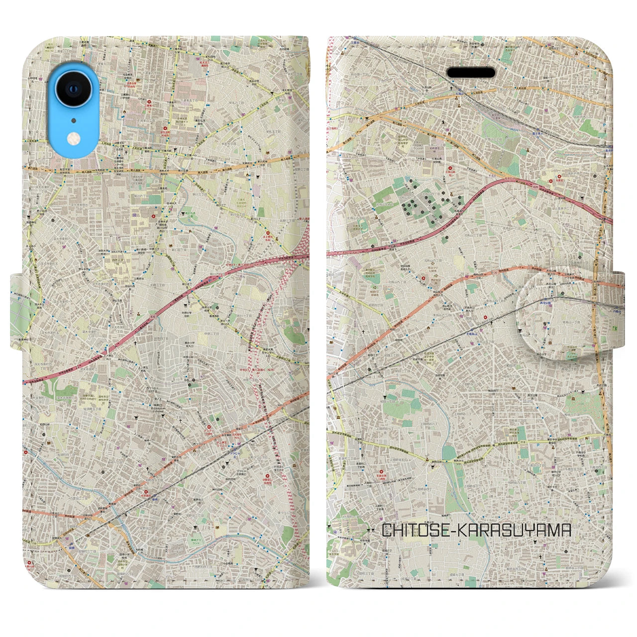 【千歳烏山】地図柄iPhoneケース（手帳両面タイプ・ナチュラル）iPhone XR 用