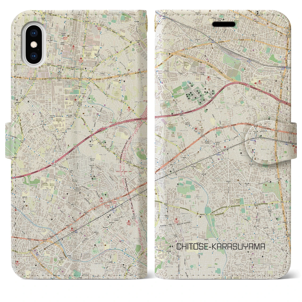 【千歳烏山】地図柄iPhoneケース（手帳両面タイプ・ナチュラル）iPhone XS Max 用