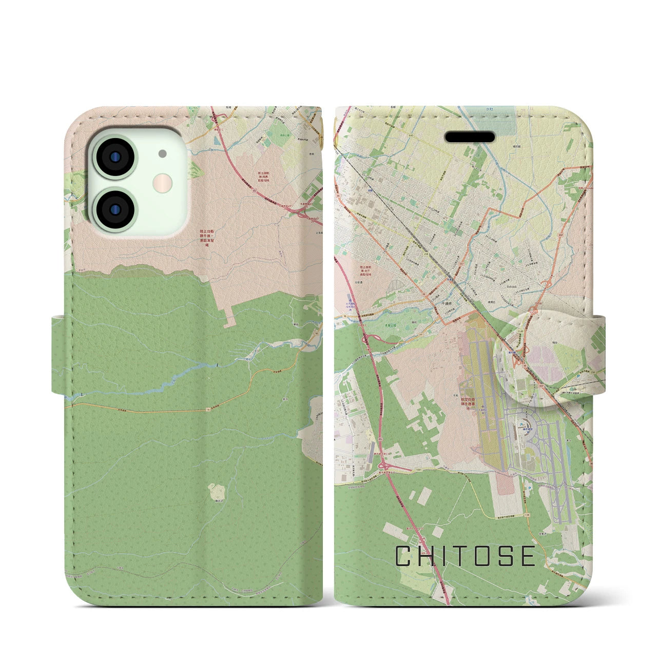 【千歳】地図柄iPhoneケース（手帳両面タイプ・ナチュラル）iPhone 12 mini 用