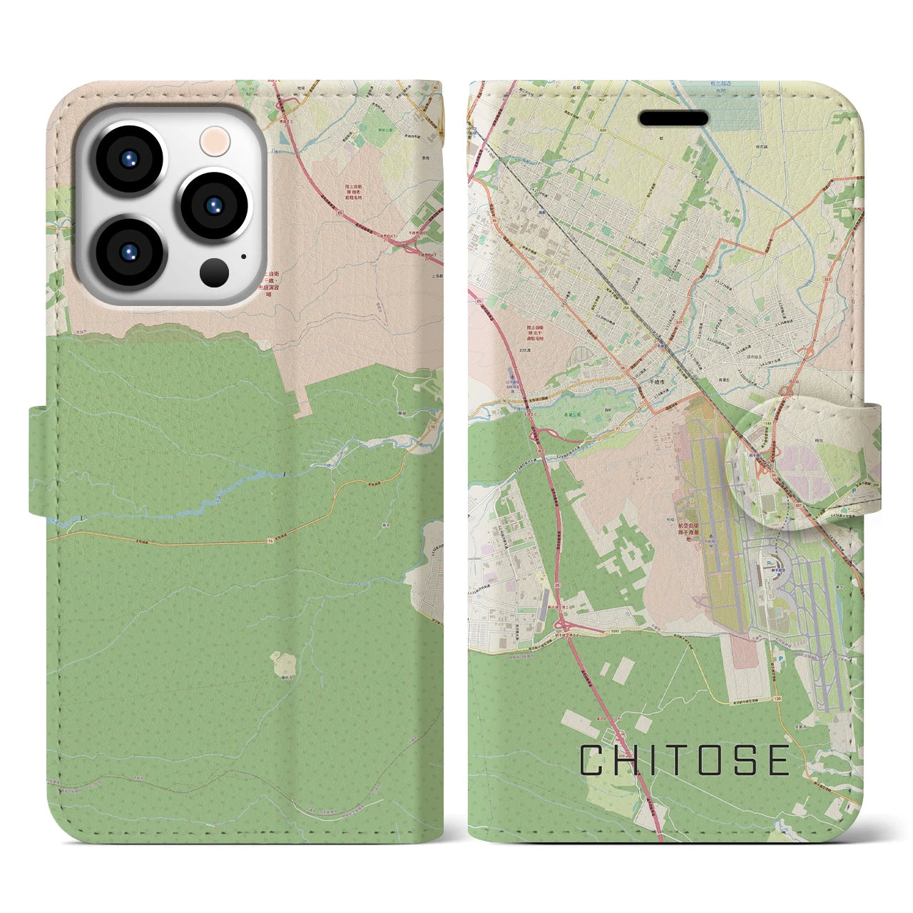 【千歳】地図柄iPhoneケース（手帳両面タイプ・ナチュラル）iPhone 13 Pro 用