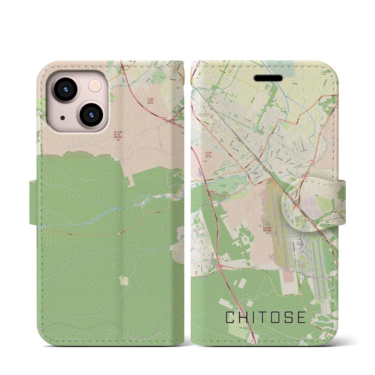 【千歳】地図柄iPhoneケース（手帳両面タイプ・ナチュラル）iPhone 13 mini 用
