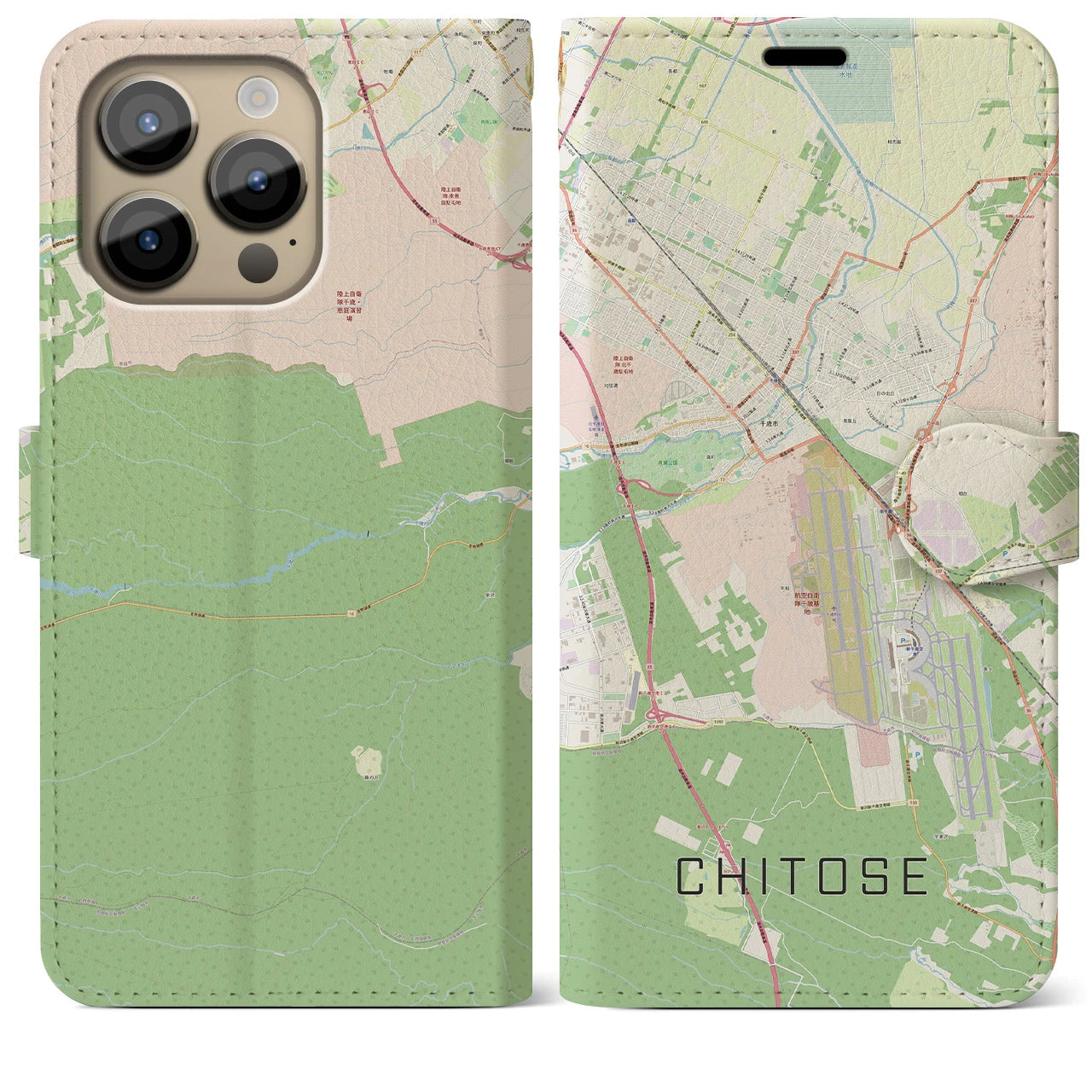 【千歳】地図柄iPhoneケース（手帳両面タイプ・ナチュラル）iPhone 14 Pro Max 用