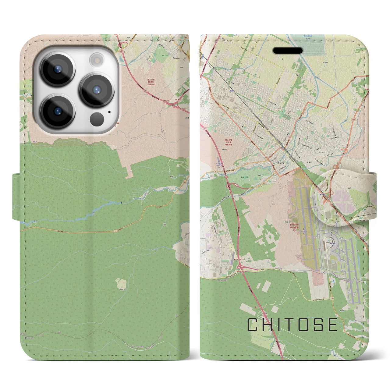 【千歳】地図柄iPhoneケース（手帳両面タイプ・ナチュラル）iPhone 14 Pro 用