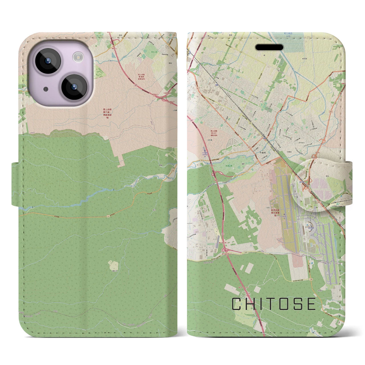 【千歳】地図柄iPhoneケース（手帳両面タイプ・ナチュラル）iPhone 14 用