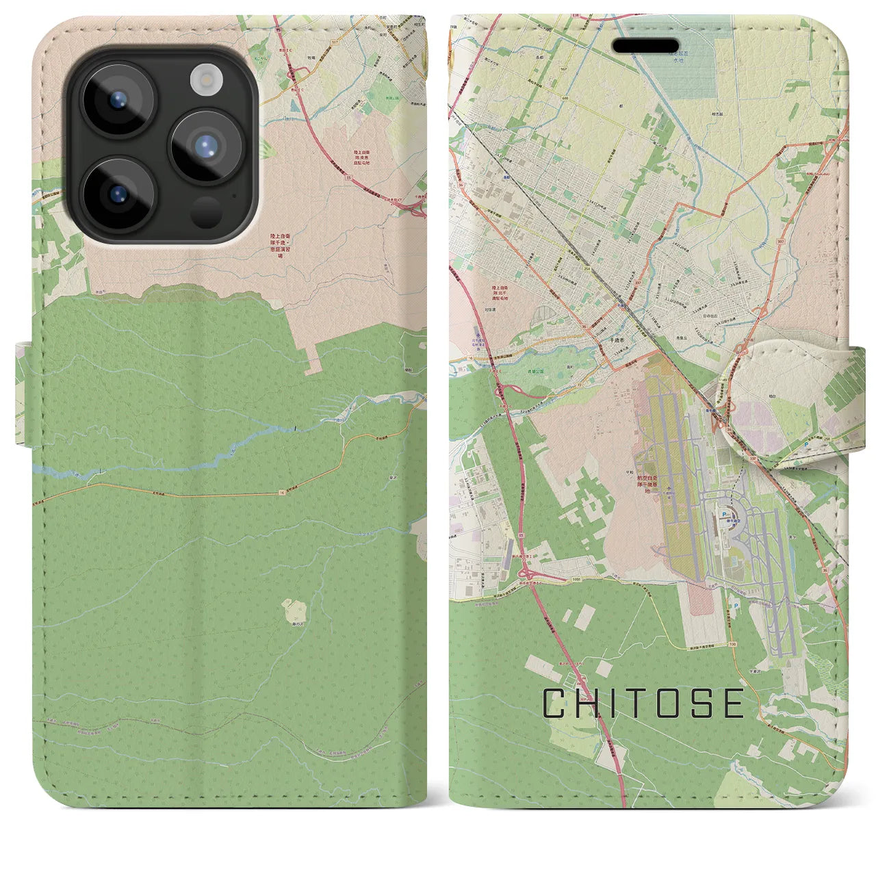 【千歳】地図柄iPhoneケース（手帳両面タイプ・ナチュラル）iPhone 15 Pro Max 用