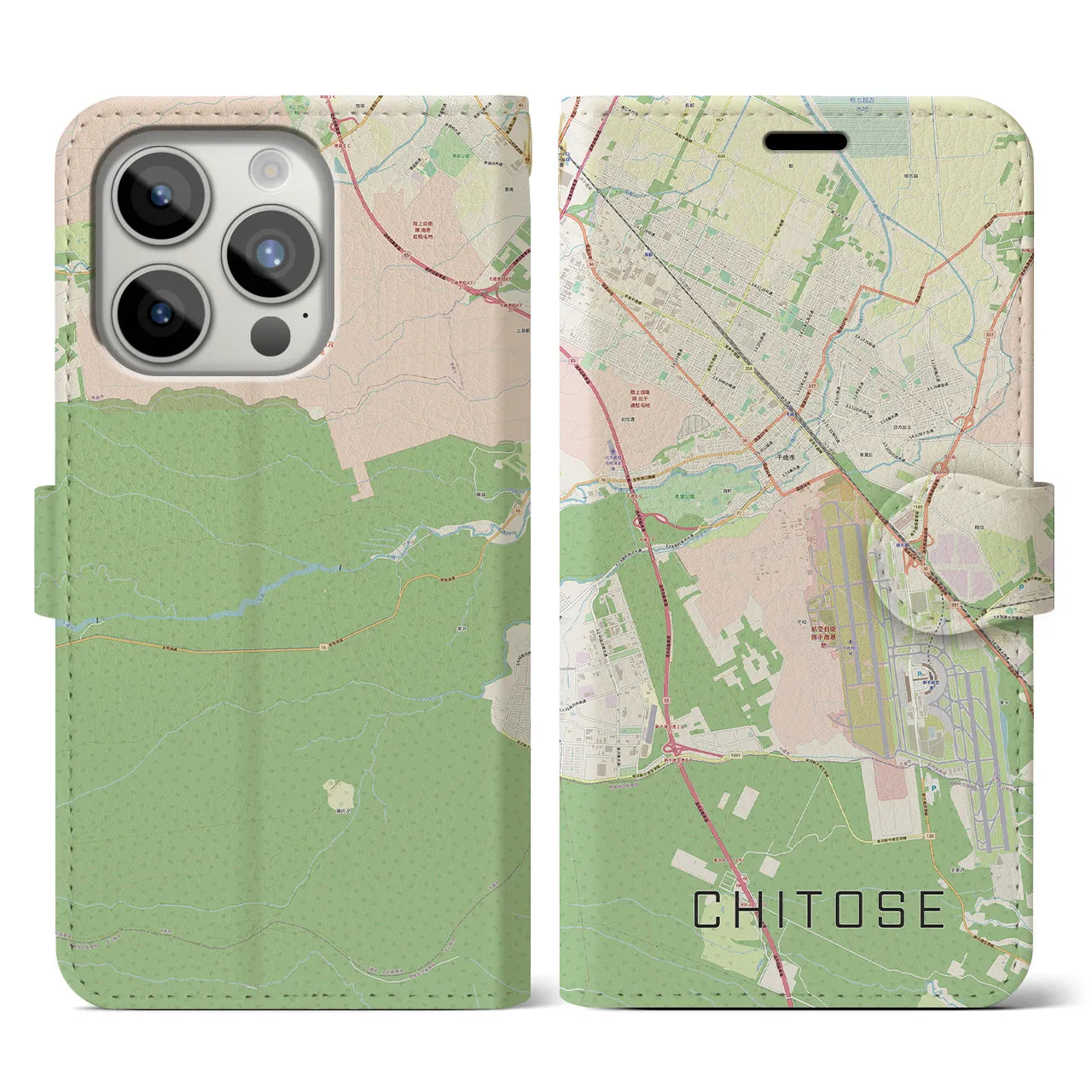 【千歳】地図柄iPhoneケース（手帳両面タイプ・ナチュラル）iPhone 15 Pro 用
