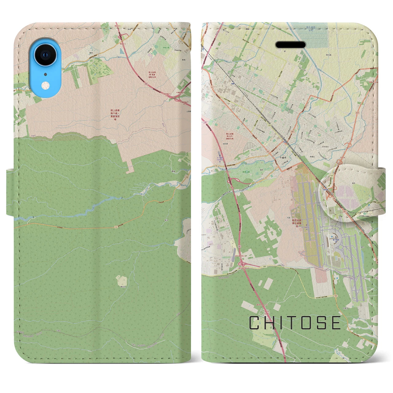 【千歳】地図柄iPhoneケース（手帳両面タイプ・ナチュラル）iPhone XR 用