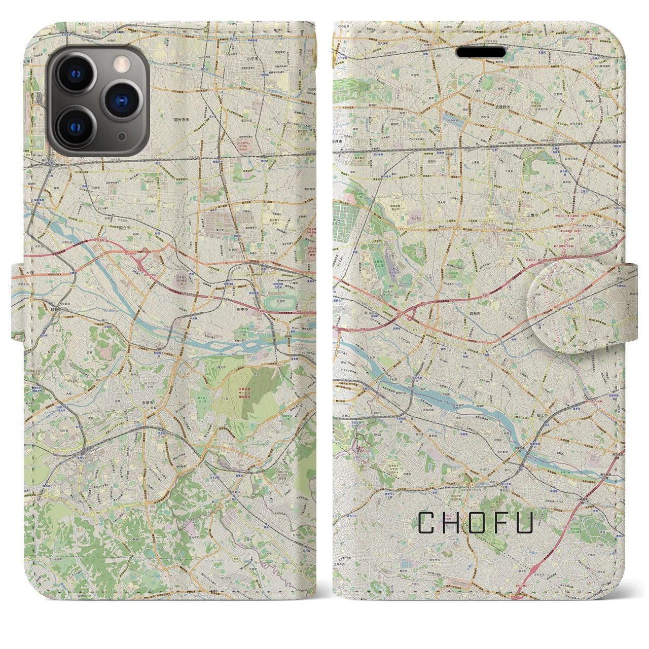 【調布2】地図柄iPhoneケース（手帳両面タイプ・ナチュラル）iPhone 11 Pro Max 用