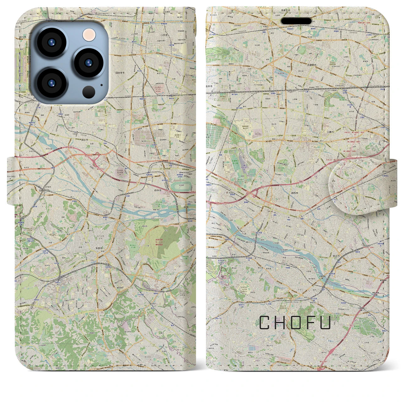 【調布2】地図柄iPhoneケース（手帳両面タイプ・ナチュラル）iPhone 13 Pro Max 用