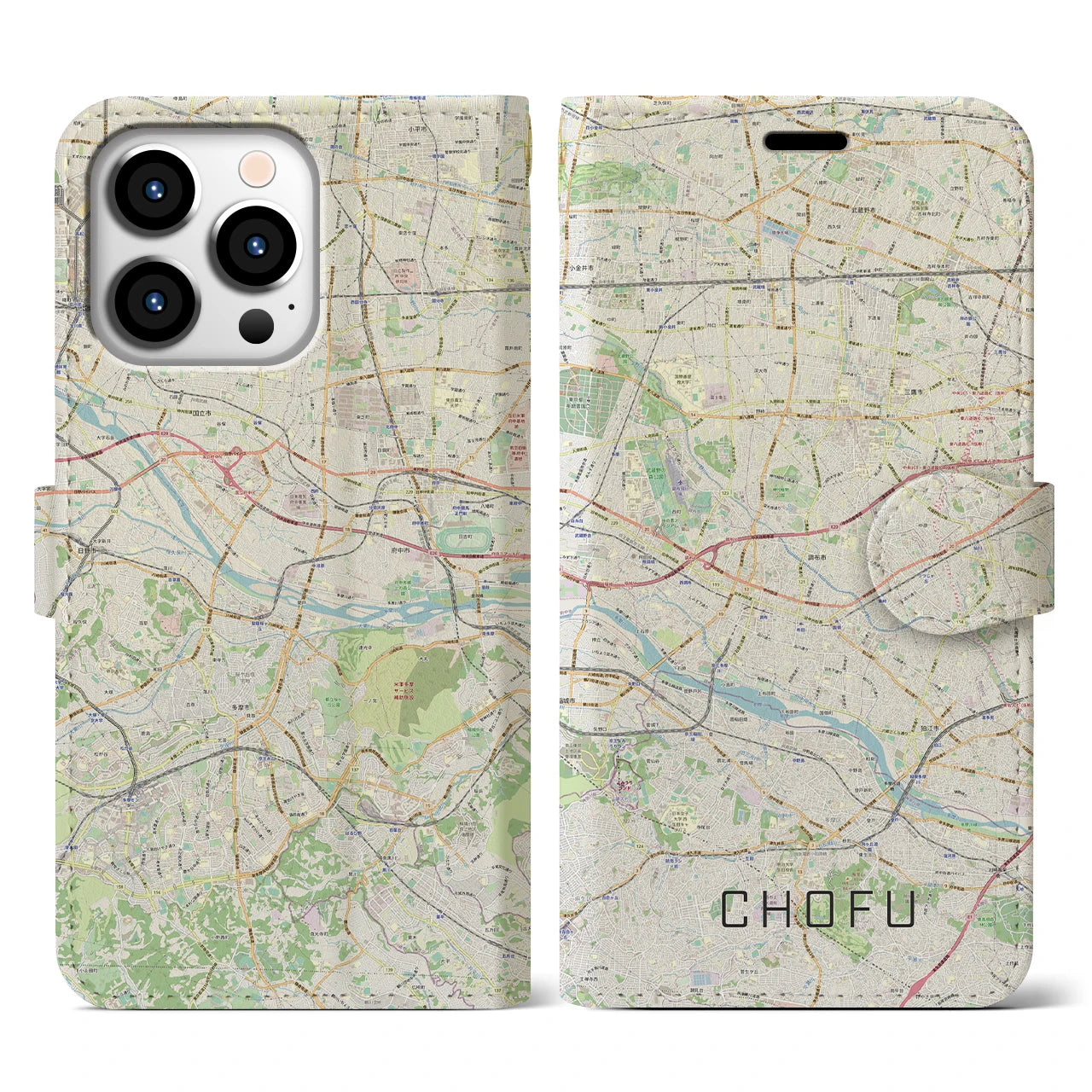 【調布2】地図柄iPhoneケース（手帳両面タイプ・ナチュラル）iPhone 13 Pro 用