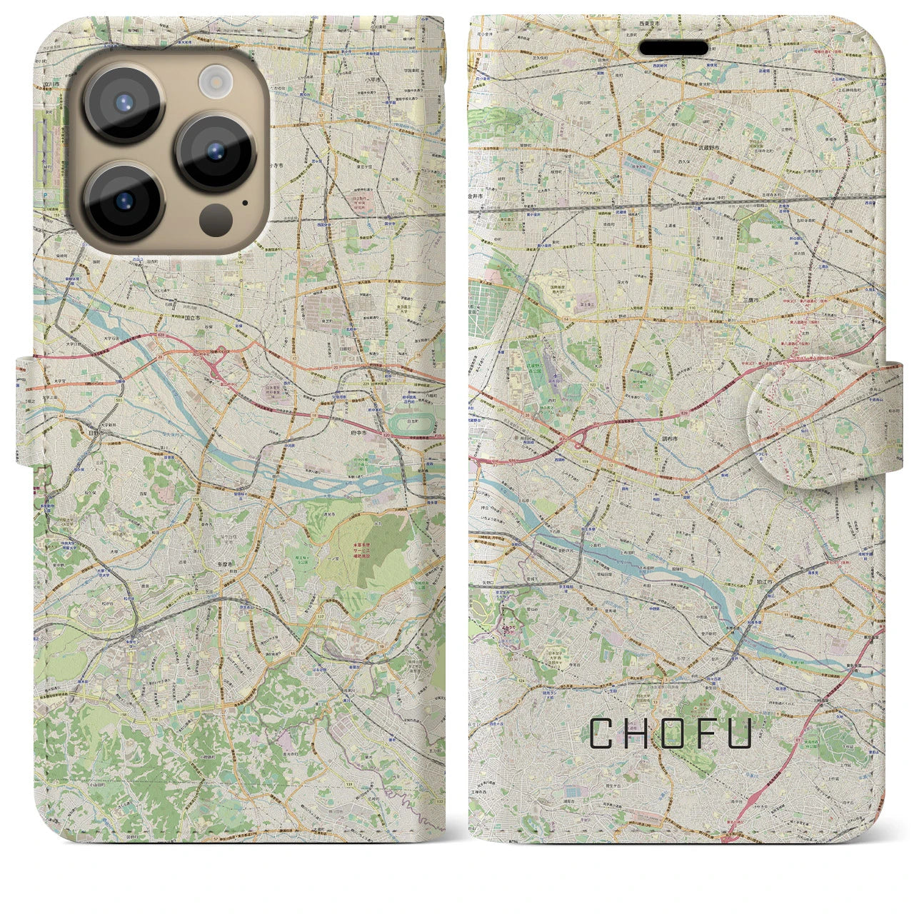 【調布2】地図柄iPhoneケース（手帳両面タイプ・ナチュラル）iPhone 14 Pro Max 用
