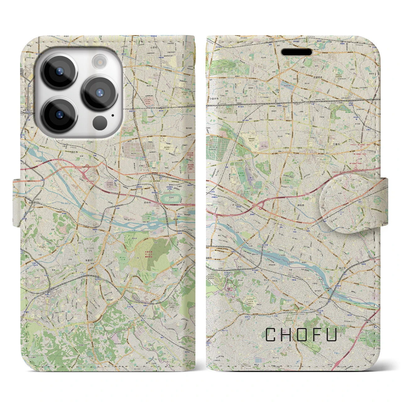 【調布2】地図柄iPhoneケース（手帳両面タイプ・ナチュラル）iPhone 14 Pro 用