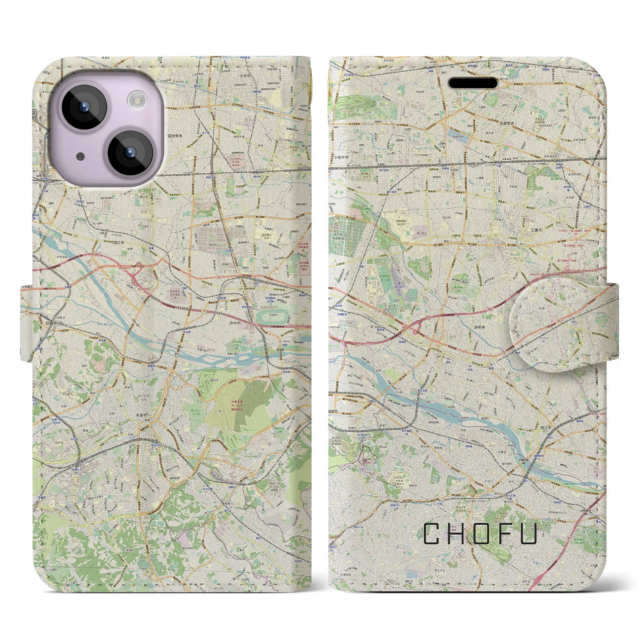 【調布2】地図柄iPhoneケース（手帳両面タイプ・ナチュラル）iPhone 14 用