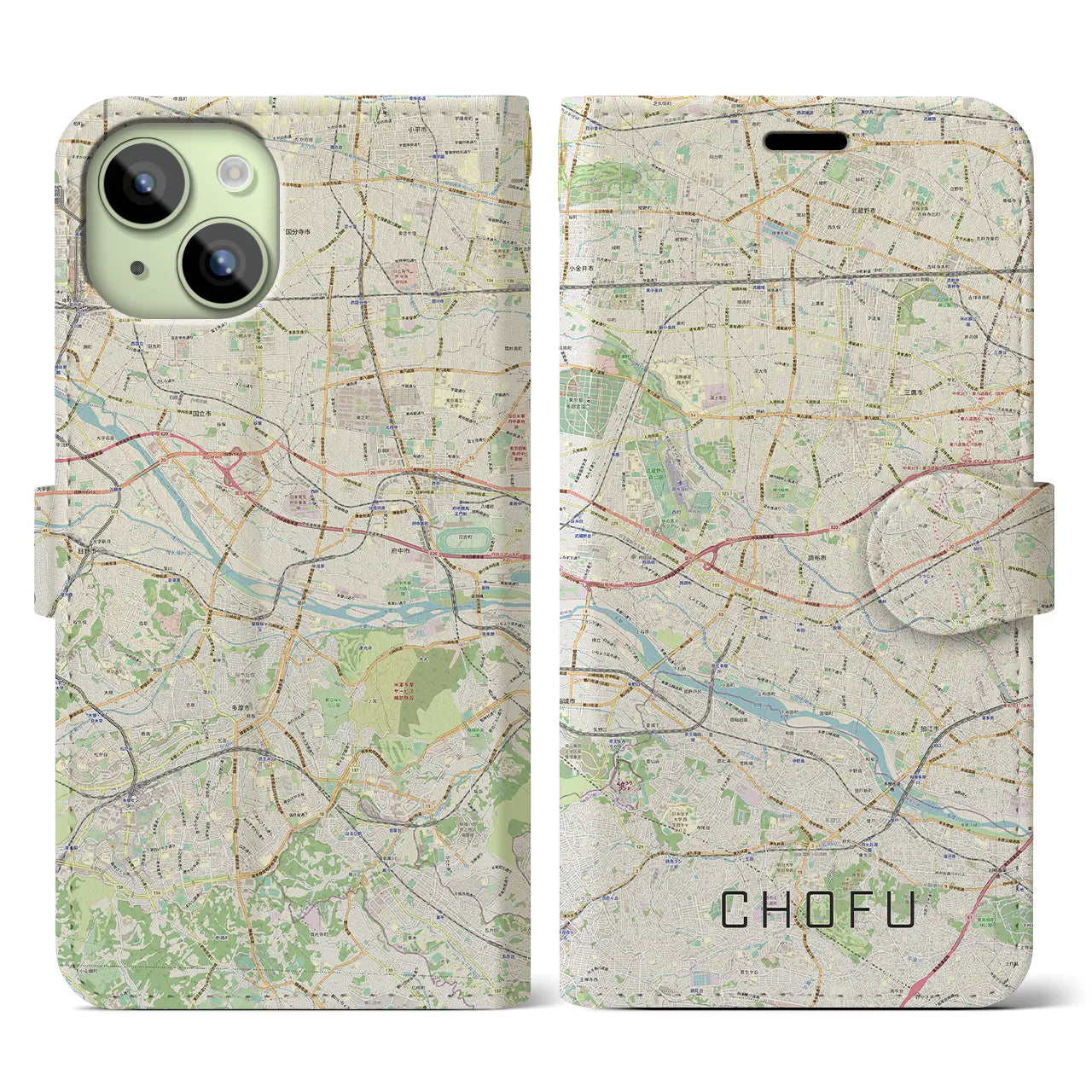 【調布2】地図柄iPhoneケース（手帳両面タイプ・ナチュラル）iPhone 15 用