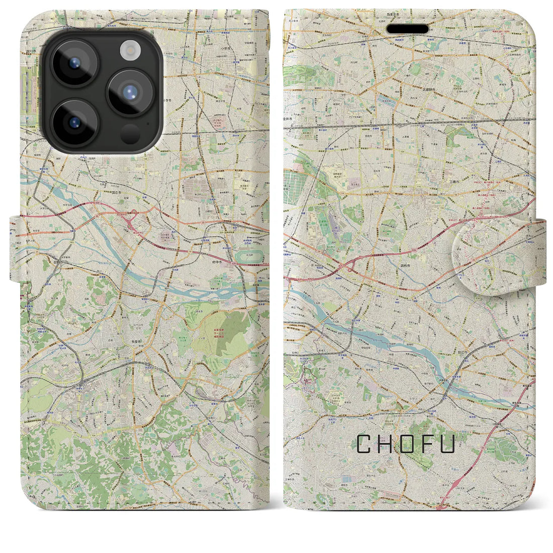 【調布2】地図柄iPhoneケース（手帳両面タイプ・ナチュラル）iPhone 15 Pro Max 用