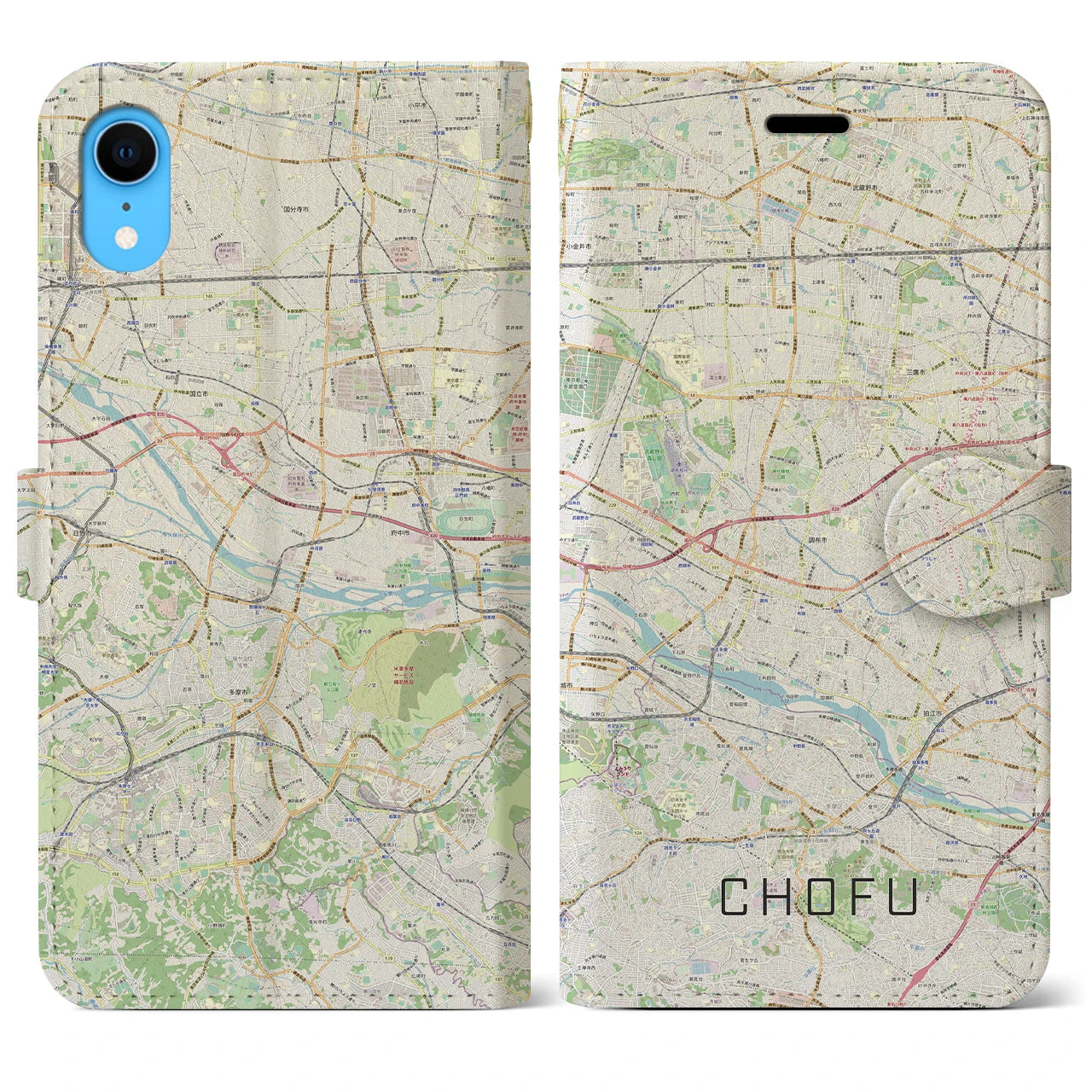 【調布2】地図柄iPhoneケース（手帳両面タイプ・ナチュラル）iPhone XR 用