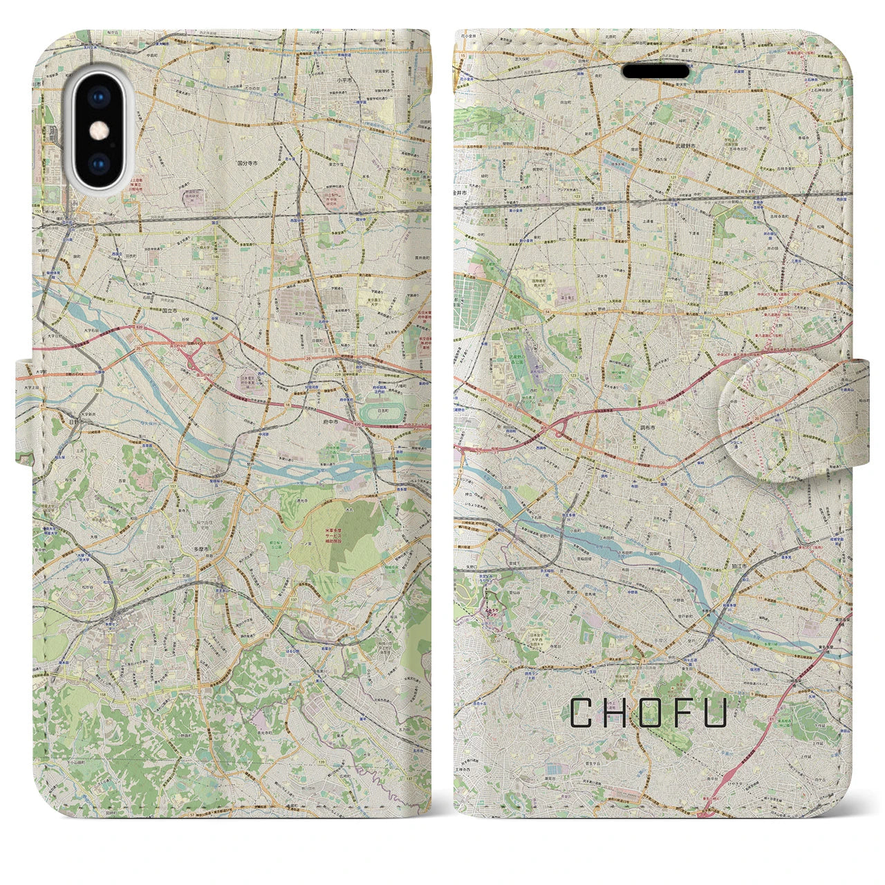 【調布2】地図柄iPhoneケース（手帳両面タイプ・ナチュラル）iPhone XS Max 用