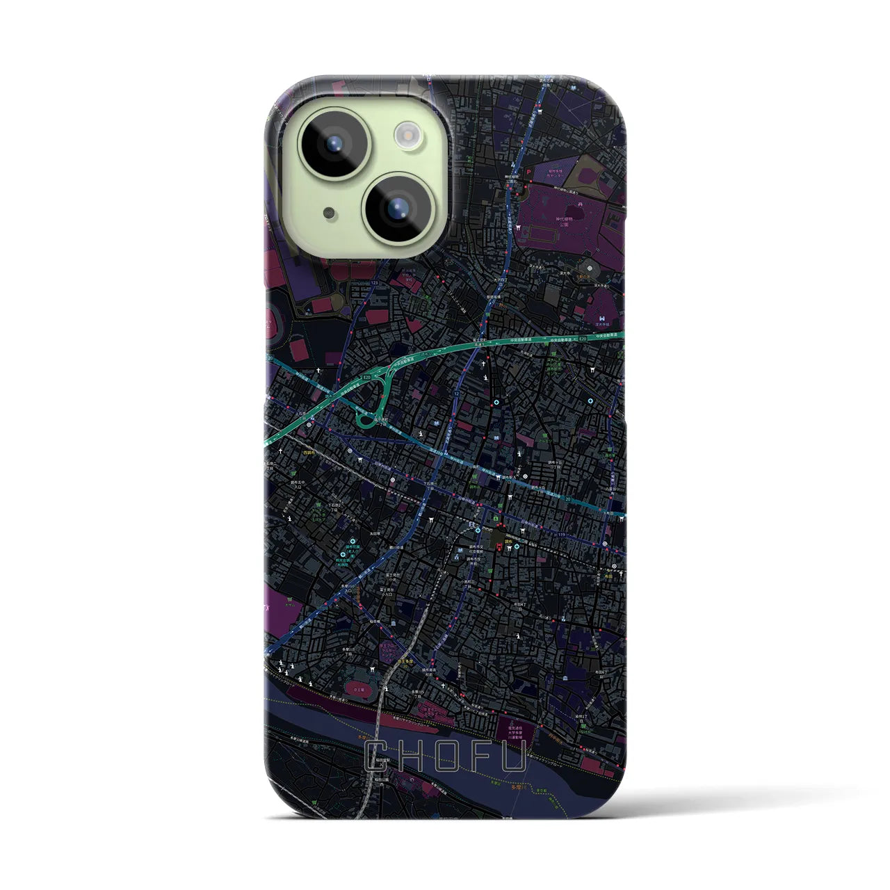 【調布】地図柄iPhoneケース（バックカバータイプ・ブラック）iPhone 15 用