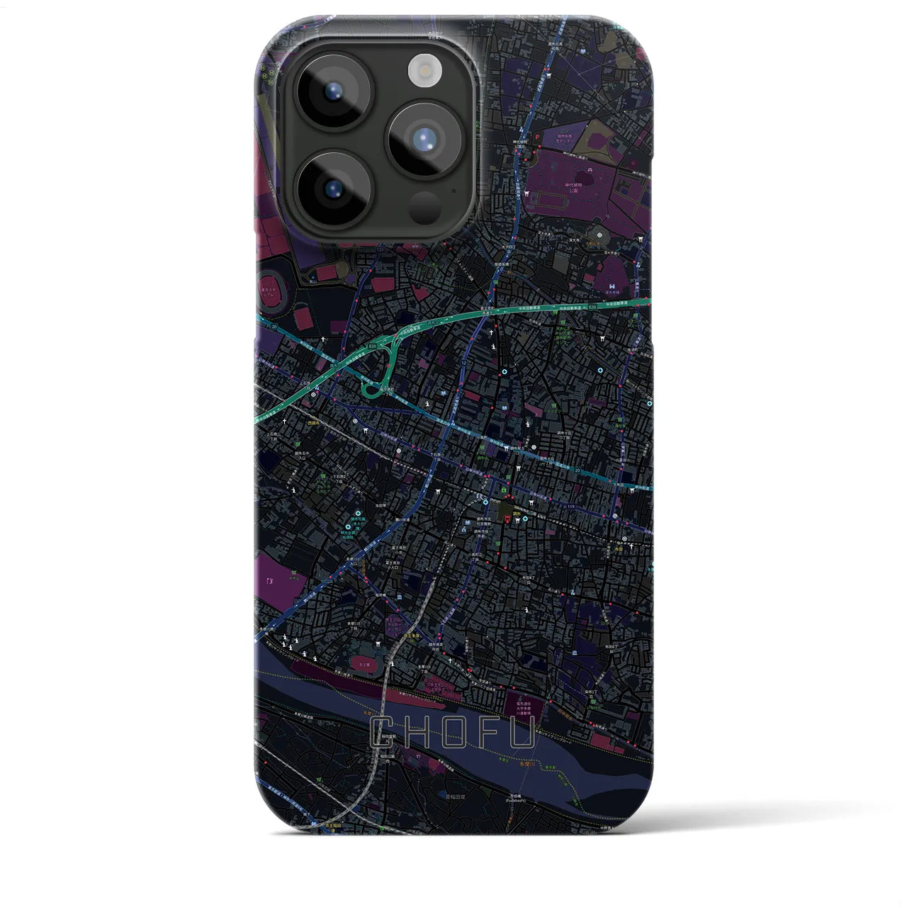 【調布】地図柄iPhoneケース（バックカバータイプ・ブラック）iPhone 15 Pro Max 用