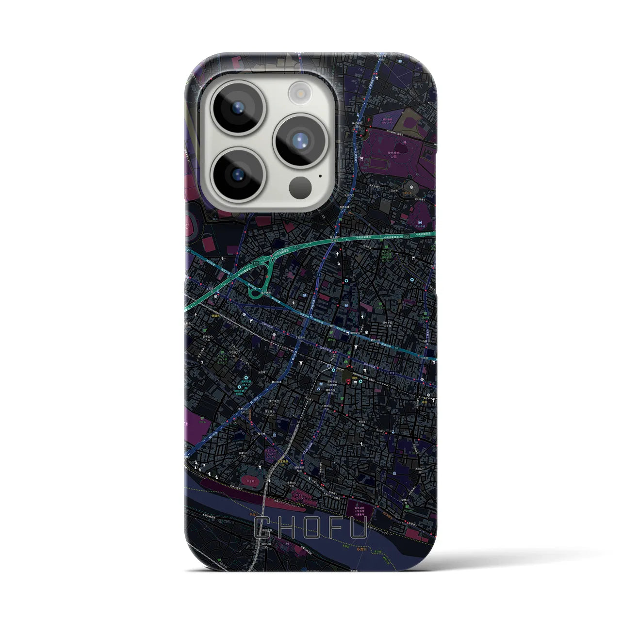 【調布】地図柄iPhoneケース（バックカバータイプ・ブラック）iPhone 15 Pro 用
