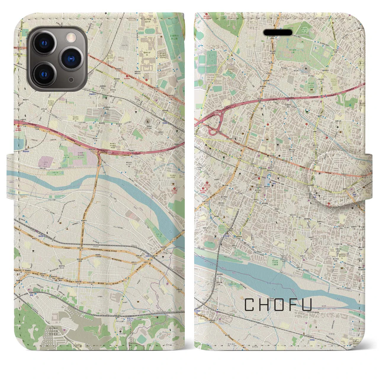 【調布】地図柄iPhoneケース（手帳両面タイプ・ナチュラル）iPhone 11 Pro Max 用