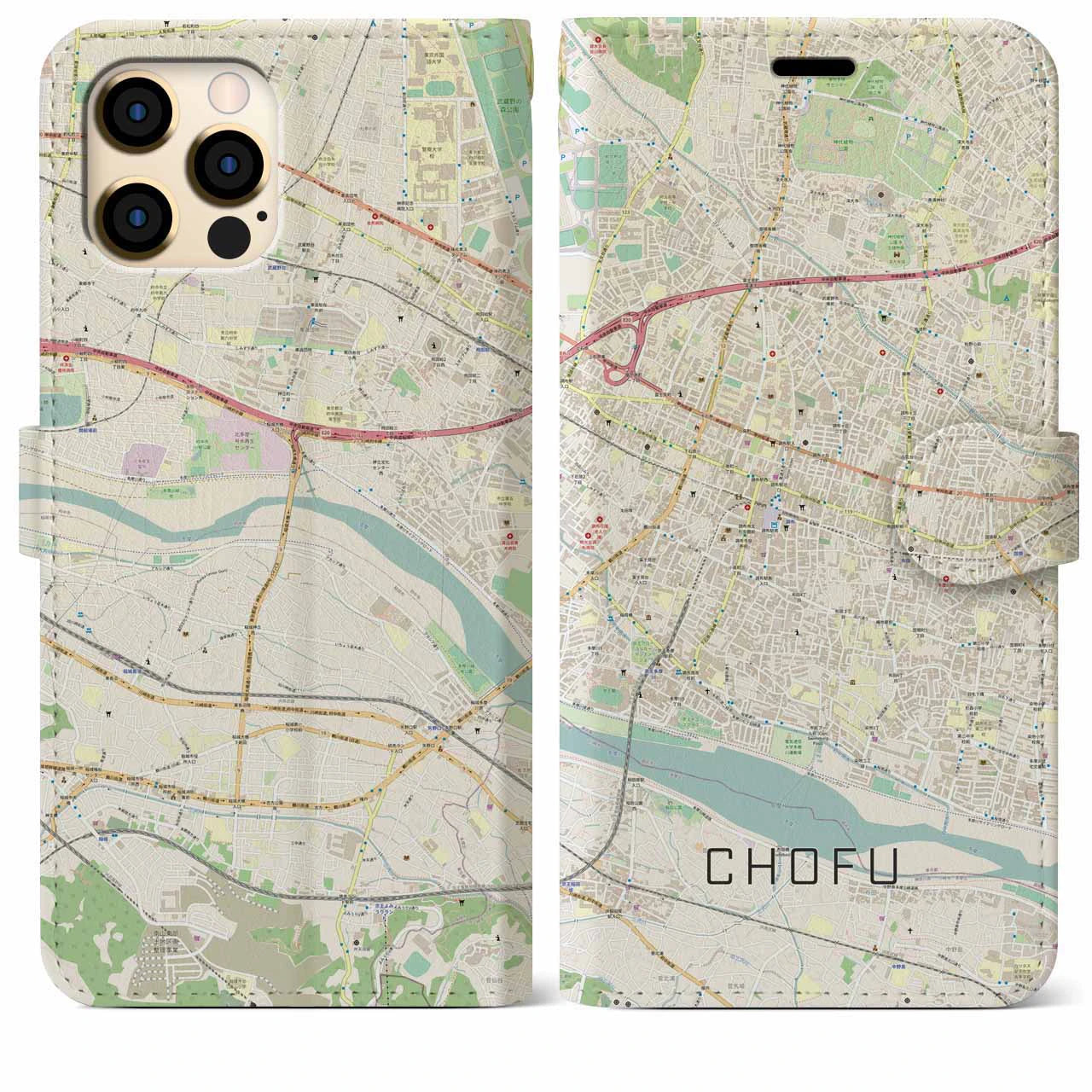 【調布】地図柄iPhoneケース（手帳両面タイプ・ナチュラル）iPhone 12 Pro Max 用