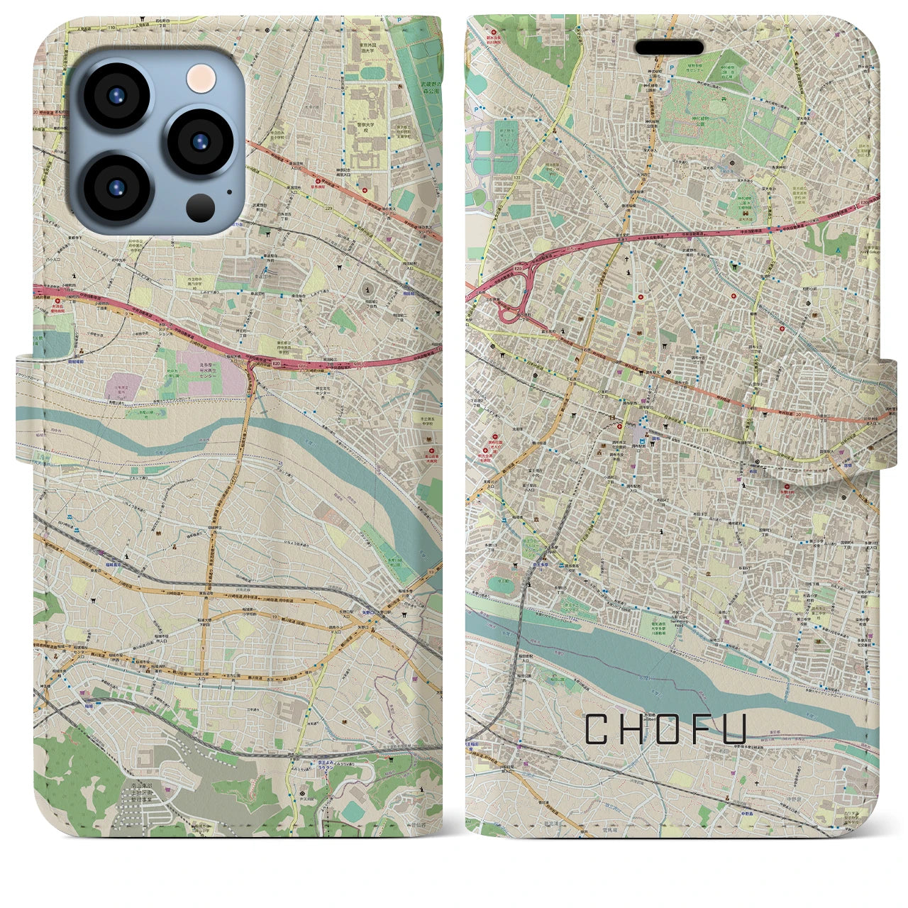 【調布】地図柄iPhoneケース（手帳両面タイプ・ナチュラル）iPhone 13 Pro Max 用