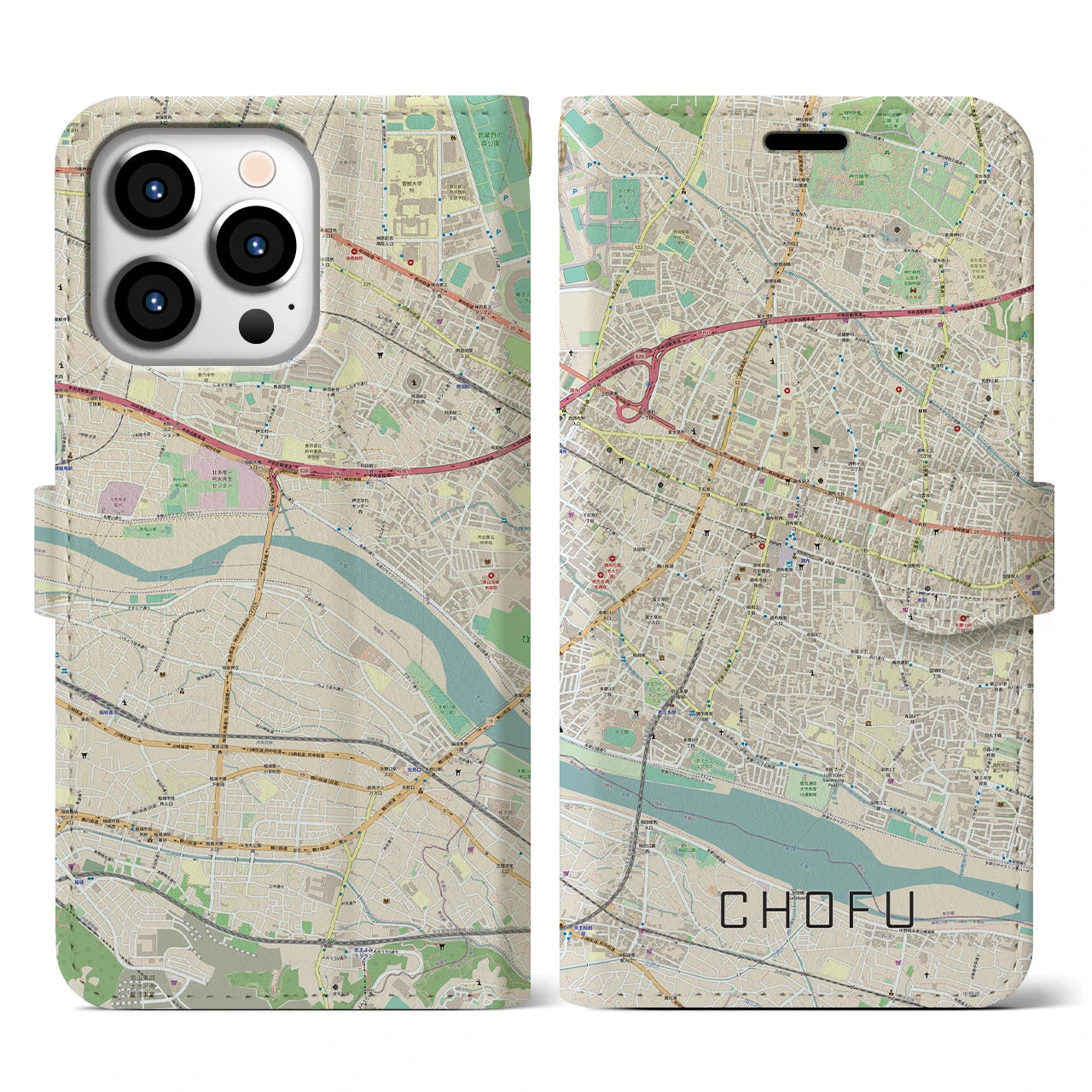 【調布】地図柄iPhoneケース（手帳両面タイプ・ナチュラル）iPhone 13 Pro 用
