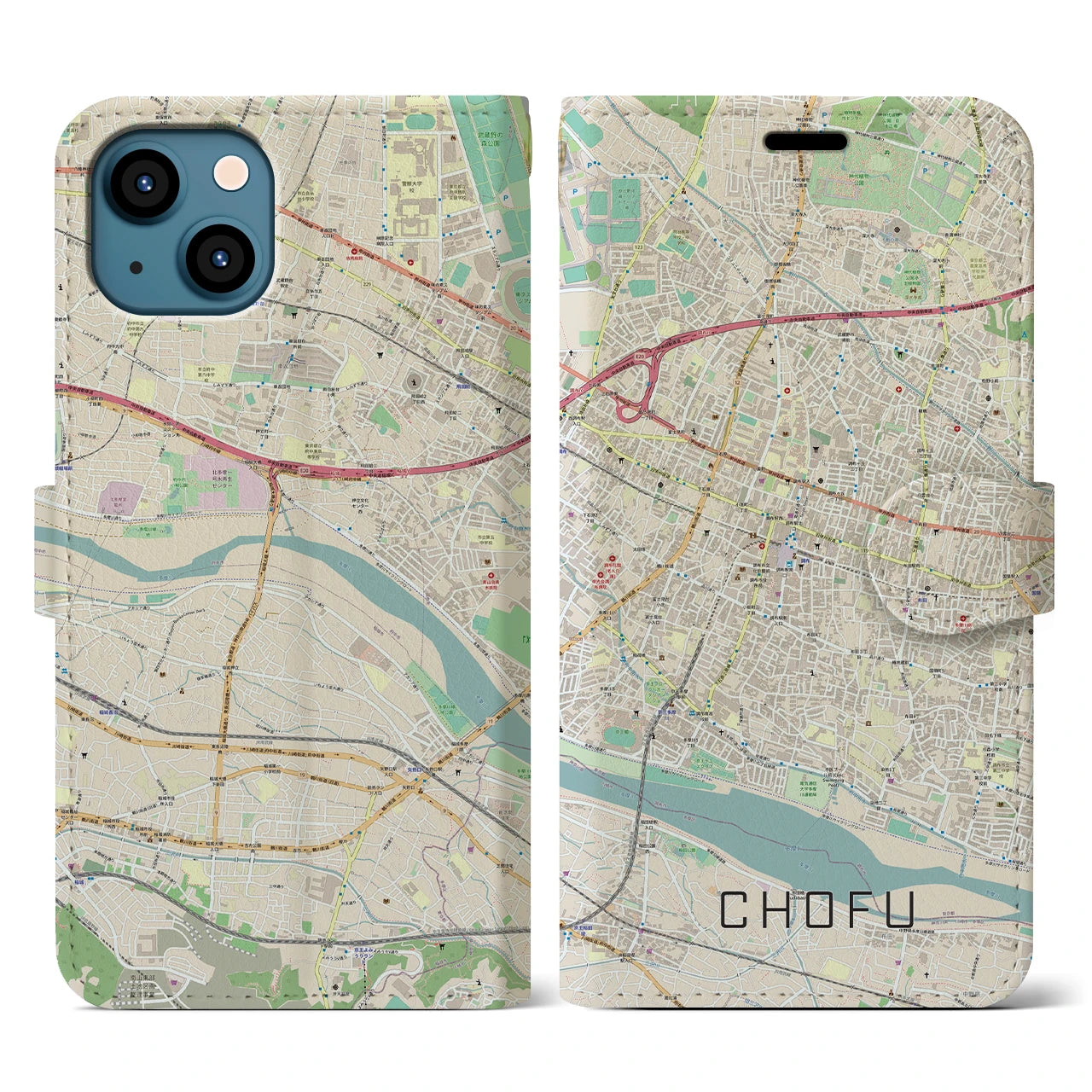 【調布】地図柄iPhoneケース（手帳両面タイプ・ナチュラル）iPhone 13 用