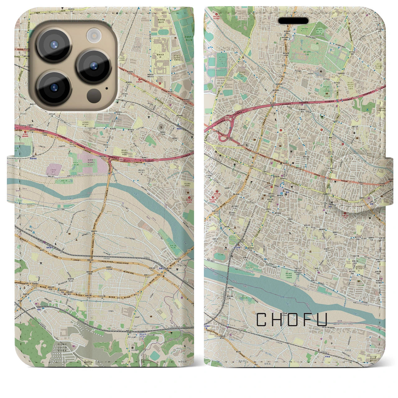 【調布】地図柄iPhoneケース（手帳両面タイプ・ナチュラル）iPhone 14 Pro Max 用