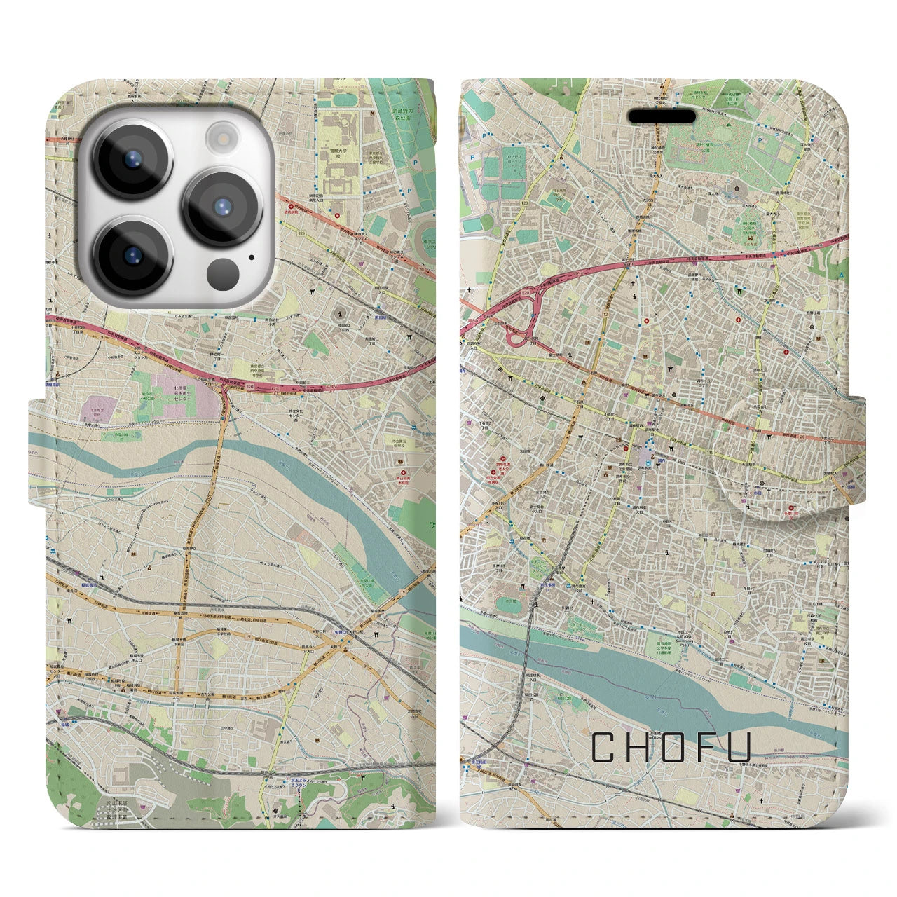 【調布】地図柄iPhoneケース（手帳両面タイプ・ナチュラル）iPhone 14 Pro 用