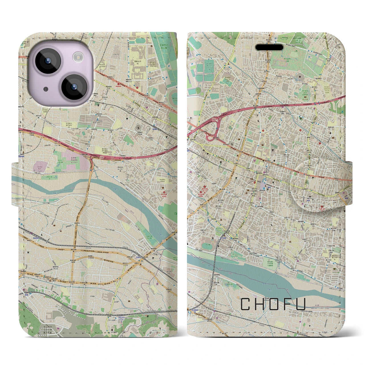 【調布】地図柄iPhoneケース（手帳両面タイプ・ナチュラル）iPhone 14 用