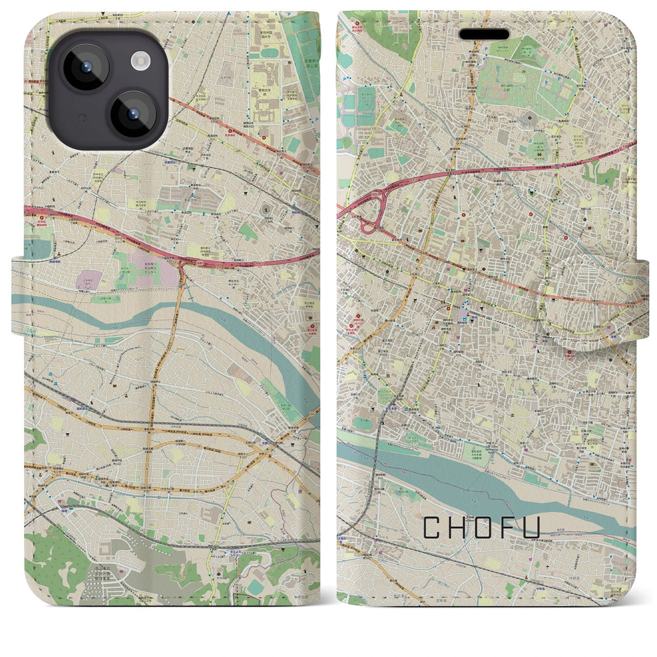 【調布】地図柄iPhoneケース（手帳両面タイプ・ナチュラル）iPhone 14 Plus 用