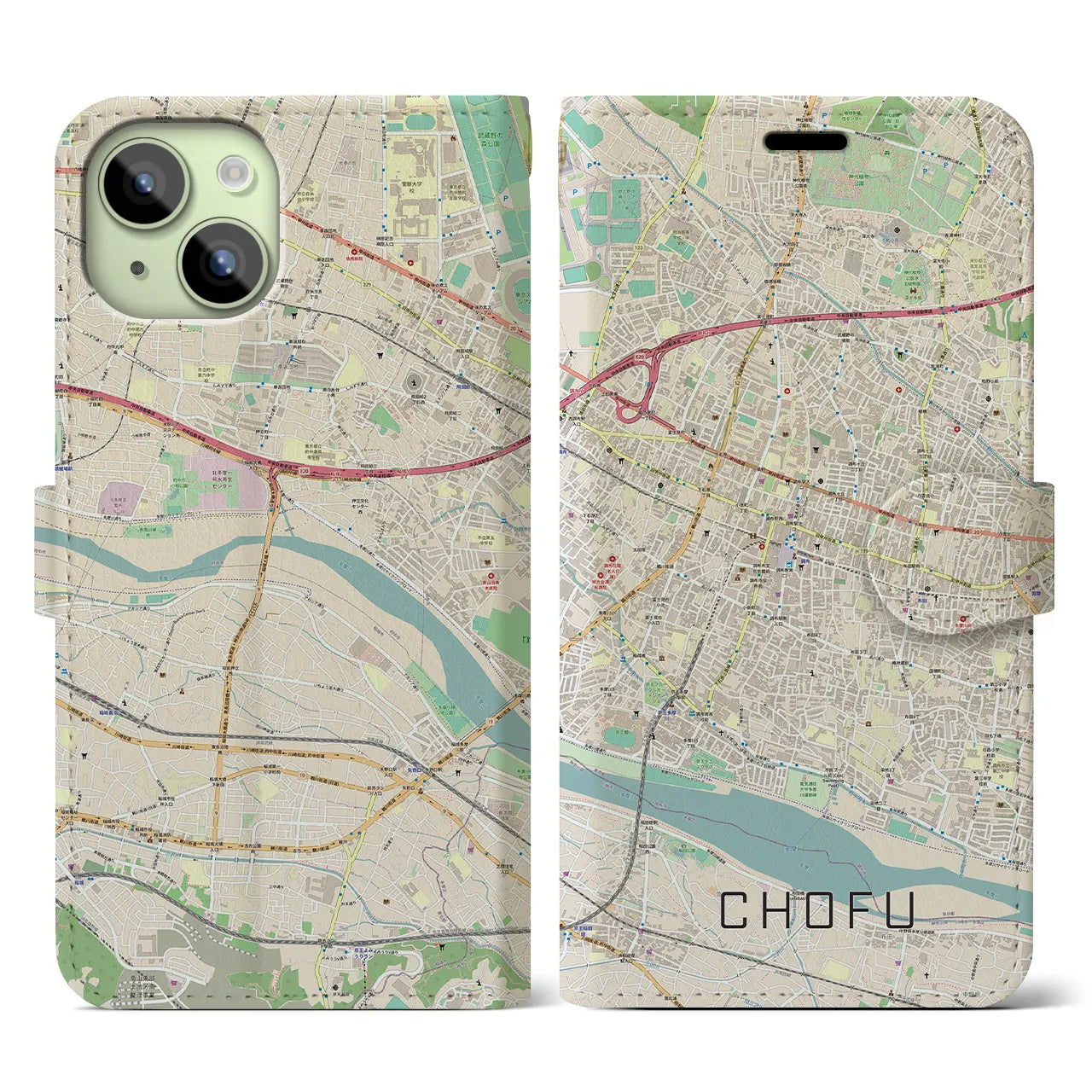 【調布】地図柄iPhoneケース（手帳両面タイプ・ナチュラル）iPhone 15 用