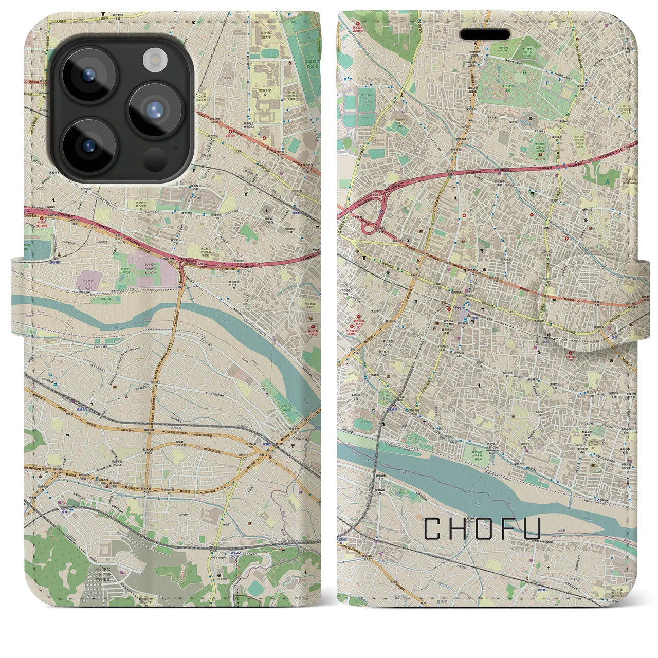 【調布】地図柄iPhoneケース（手帳両面タイプ・ナチュラル）iPhone 15 Pro Max 用
