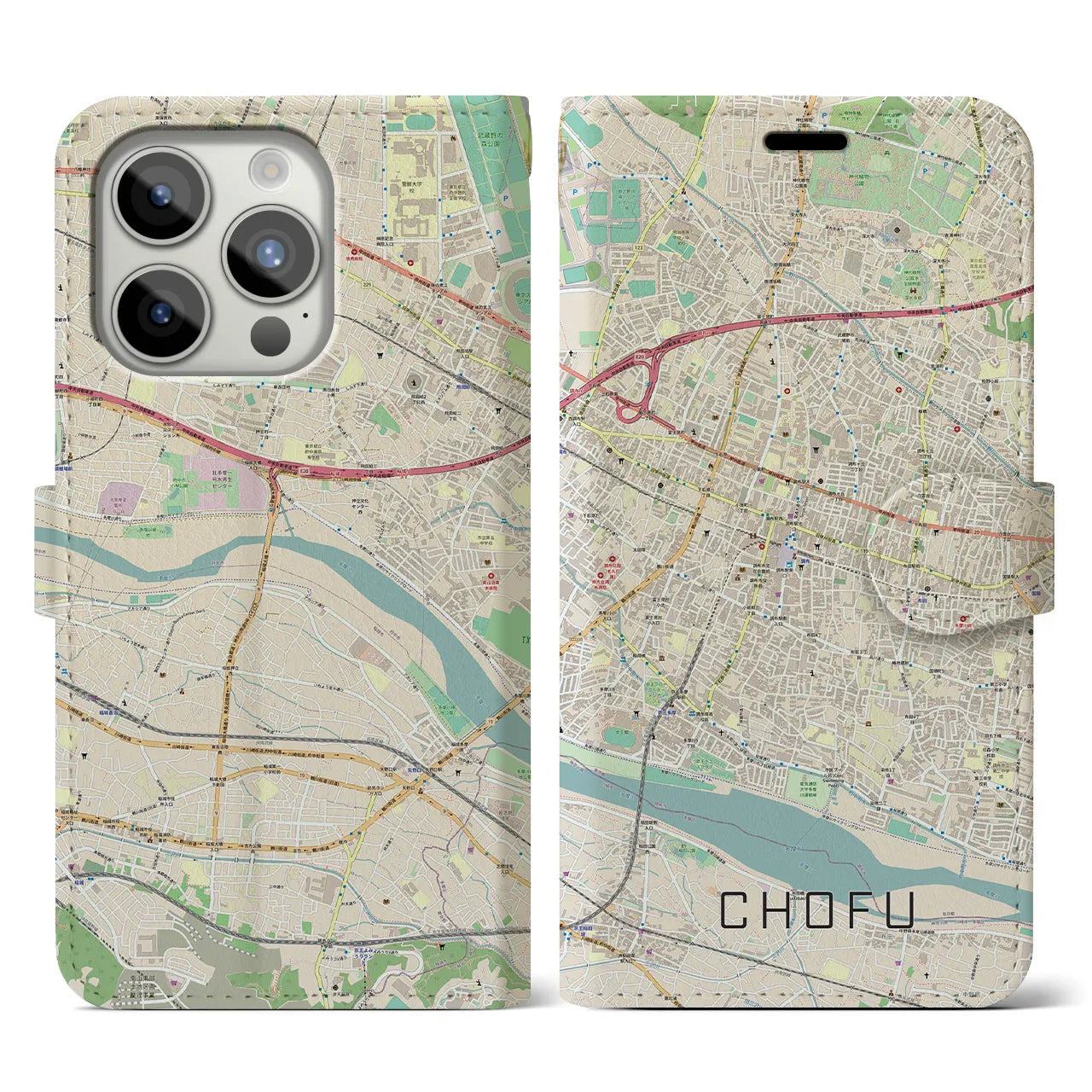 【調布】地図柄iPhoneケース（手帳両面タイプ・ナチュラル）iPhone 15 Pro 用