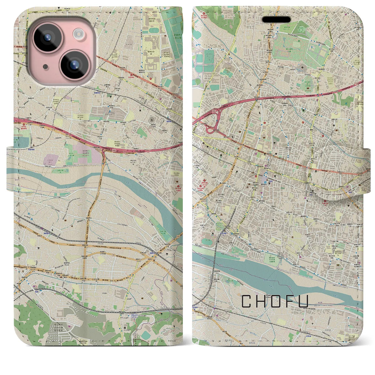 【調布】地図柄iPhoneケース（手帳両面タイプ・ナチュラル）iPhone 15 Plus 用